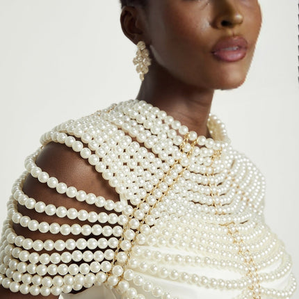 Patrizia White Faux-Pearl Embellished Shawl with Crew Neck Design and Open-Back Detail