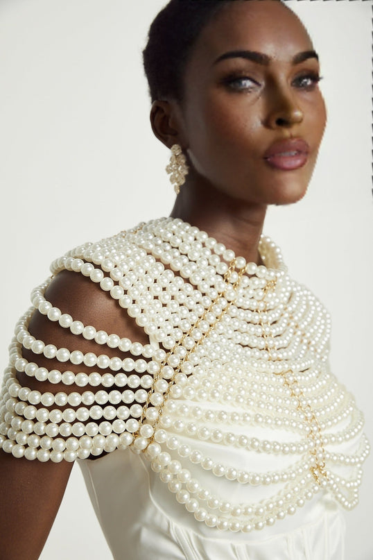 Patrizia White Faux-Pearl Embellished Shawl with Crew Neck Design and Open-Back Detail