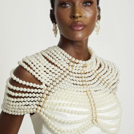 Patrizia White Faux Pearl Embellished Shawl with Crew Neck and Open Back Detail