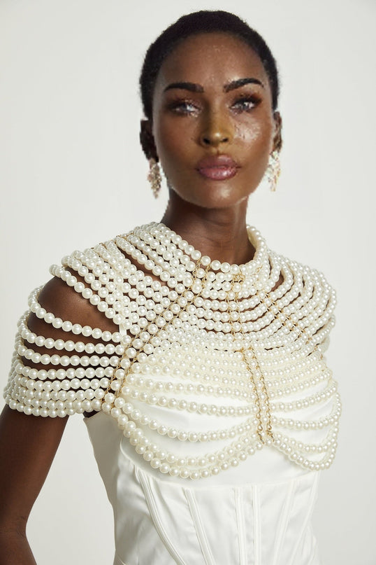 Patrizia White Faux Pearl Embellished Shawl with Crew Neck and Open Back Detail
