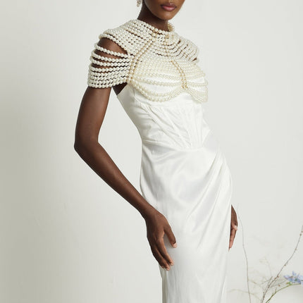 Patrizia White Faux Pearl Embellished Shawl with Crew Neck and Open Back Detail