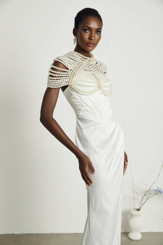 Patrizia White Faux Pearl Embellished Shawl with Crew Neck and Open Back Detail