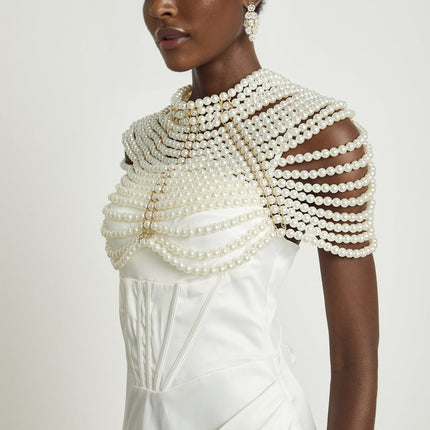 Patrizia White Faux Pearl Embellished Shawl Crew Neck Open Back Lobster Claw Closure Luxury Garment 100 Percent Faux Pearl Regal Finish Grace Charm
