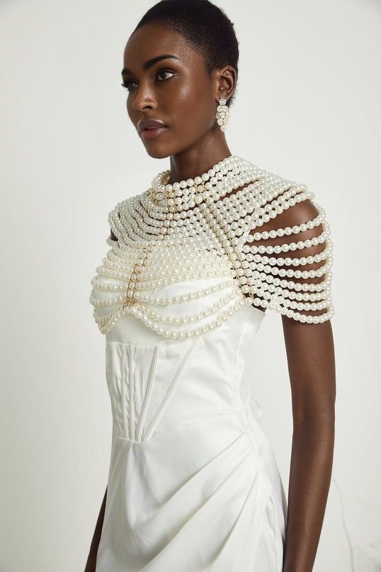 Patrizia White Faux Pearl Embellished Shawl Crew Neck Open Back Lobster Claw Closure Luxury Garment 100 Percent Faux Pearl Regal Finish Grace Charm