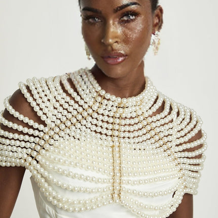 Patrizia White Faux Pearl Embellished Shawl with Open Back Detail and Lobster Claw Closure