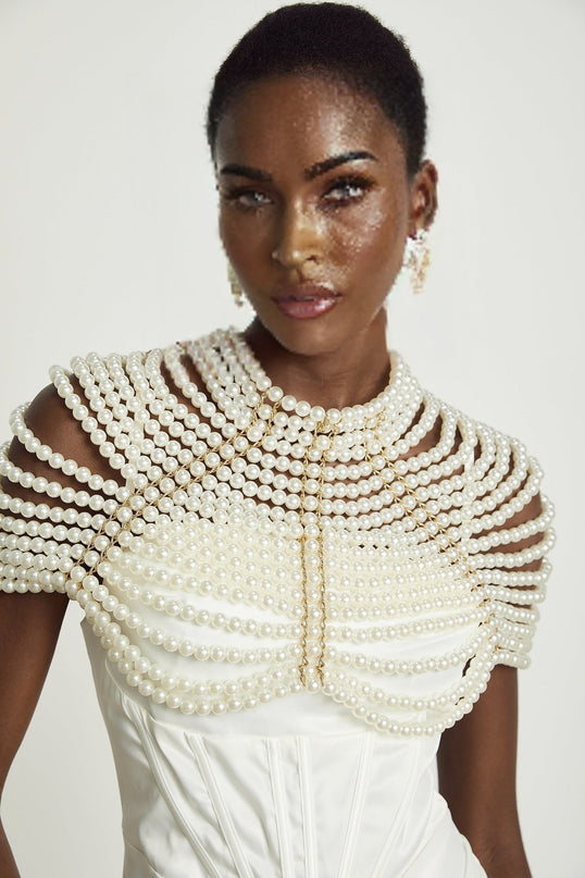Patrizia White Faux Pearl Embellished Shawl with Open Back Detail and Lobster Claw Closure