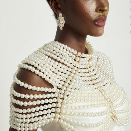 Patrizia White Faux Pearl Embellished Shawl Crew Neck Open Back Lobster Claw Closure