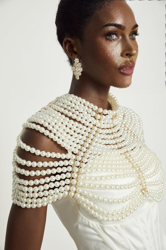 Patrizia White Faux Pearl Embellished Shawl Crew Neck Open Back Lobster Claw Closure