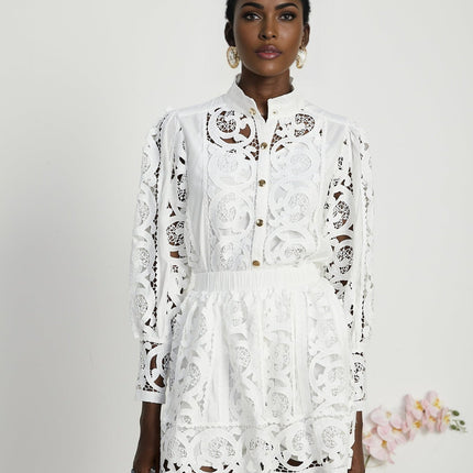 Patrizia White Lace Floral Shirt and Skirt Set