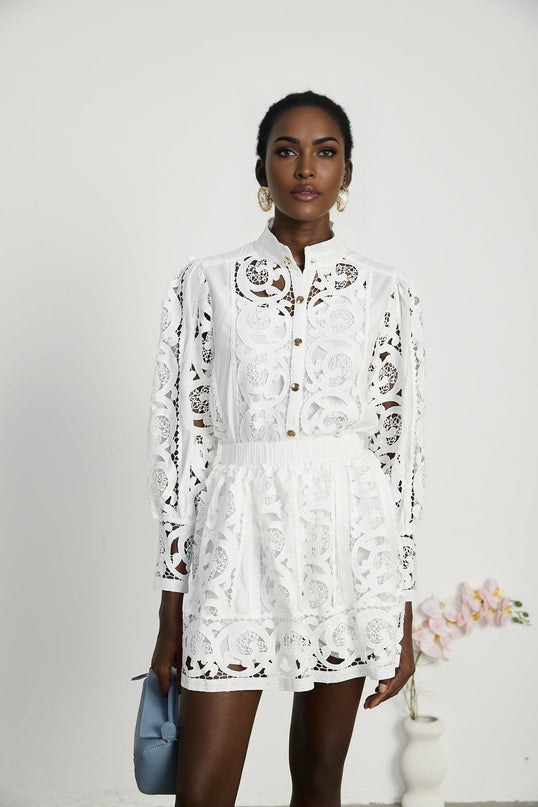 Patrizia White Lace Floral Shirt and Skirt Set