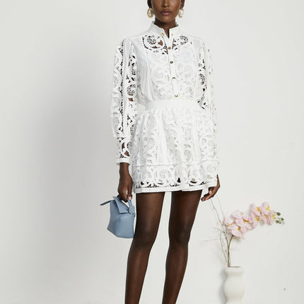 Patrizia White Lace Floral Shirt Skirt Set