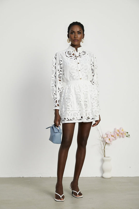 Patrizia White Lace Floral Shirt Skirt Set