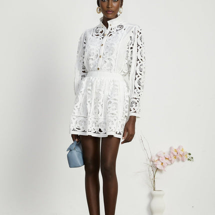 Patrizia White Lace Floral Shirt Skirt Set