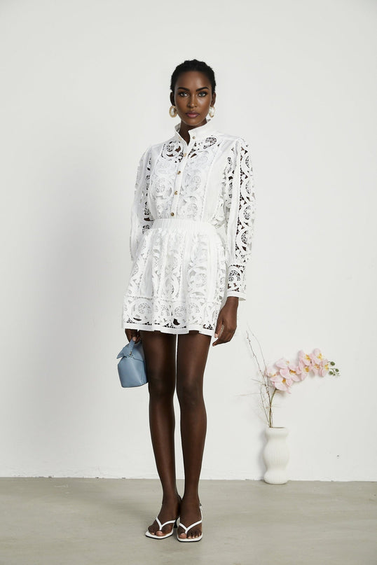 Patrizia White Lace Floral Shirt Skirt Set