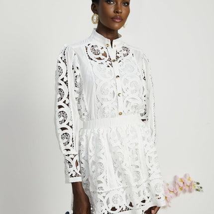 Patrizia White Lace Floral Shirt Skirt Set