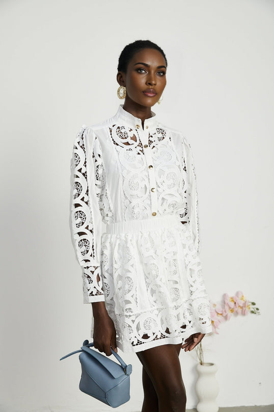Patrizia White Lace Floral Shirt Skirt Set