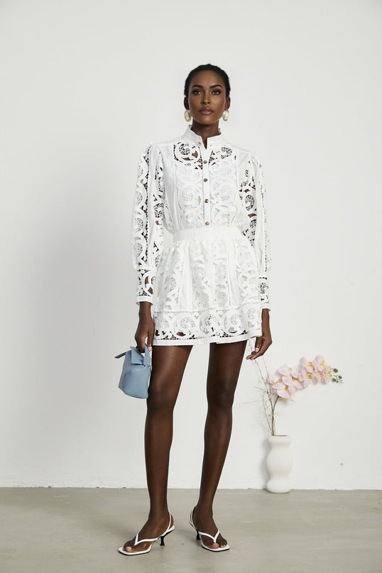 Patrizia White Lace Floral Shirt Skirt Set