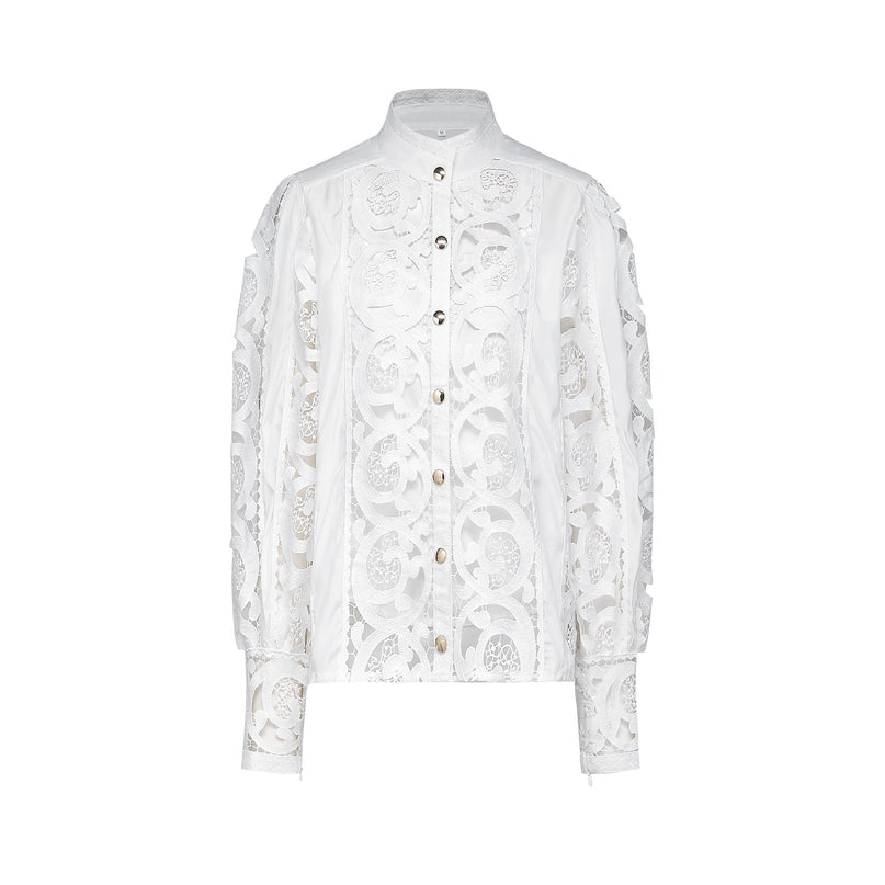 Patrizia White Lace Floral Shirt Skirt Set