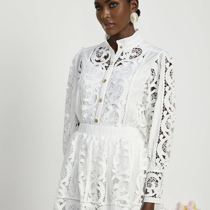 Patrizia White Lace Floral Shirt Skirt Set