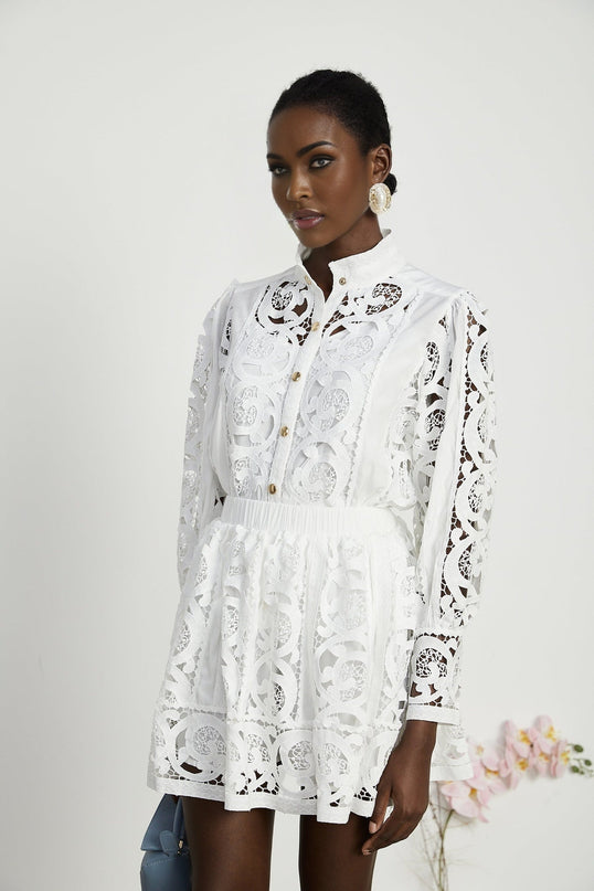 Patrizia White Lace Floral Shirt Skirt Set