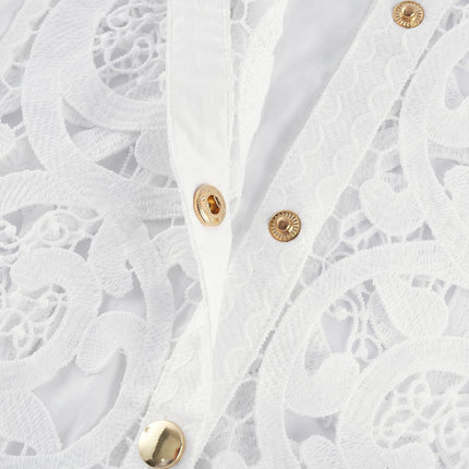 Patrizia White Shirt and Skirt Set with Lace-Floral Embellishments