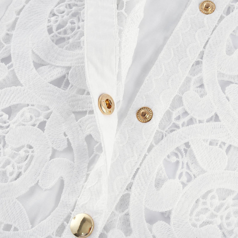 Patrizia White Shirt and Skirt Set with Lace-Floral Embellishments