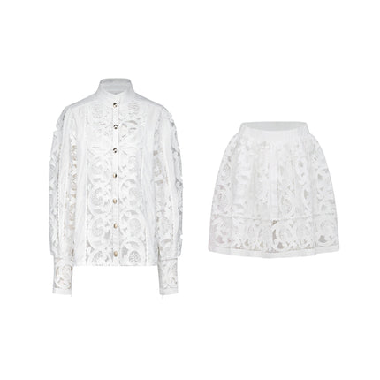 Patrizia White Shirt and Skirt Set with Lace Floral Embellishments