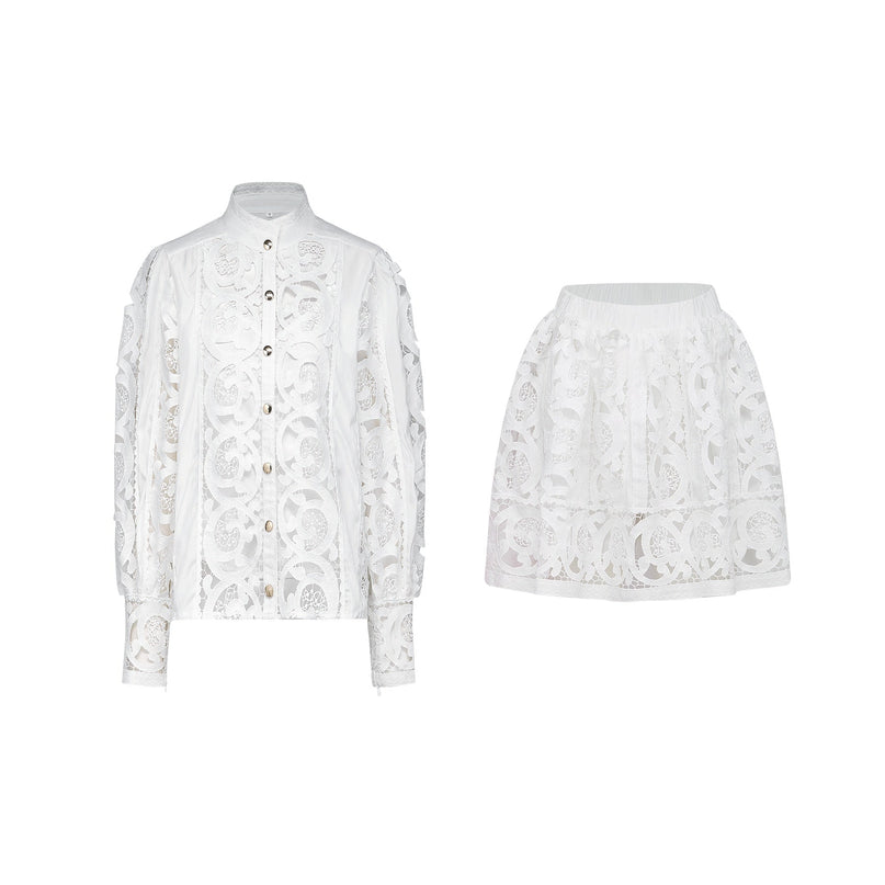 Patrizia White Shirt and Skirt Set with Lace Floral Embellishments