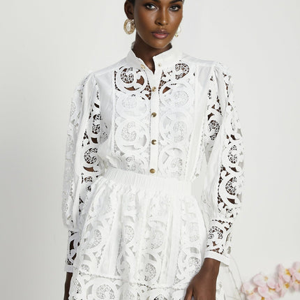 Patrizia White Shirt Skirt Set Lace Floral Design 100 Percent Cotton