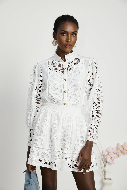 Patrizia White Shirt Skirt Set Lace Floral Design 100 Percent Cotton