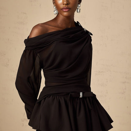 Pellegrina Black Blouse Skirt Crystal Bow Set