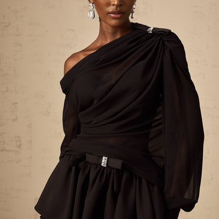 Pellegrina Black Blouse Skirt Crystal Bow Set Terylene Tulle Elegant Sophisticated