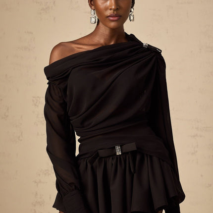 Pellegrina Black Blouse Skirt Crystal Bow Set