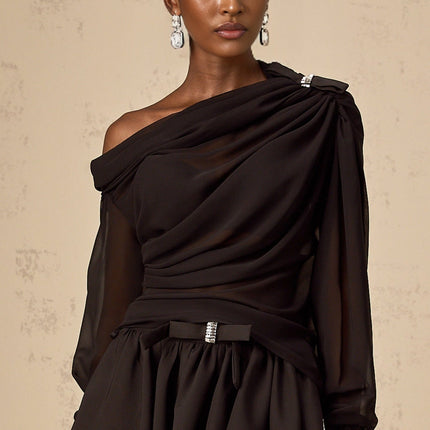 Pellegrina Black Crystal Bow Blouse Skirt Set