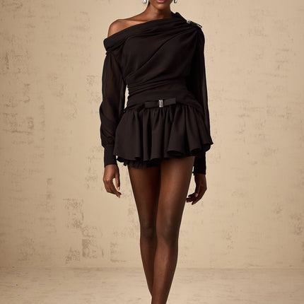Pellegrina Black Crystal Bow Blouse Skirt Set