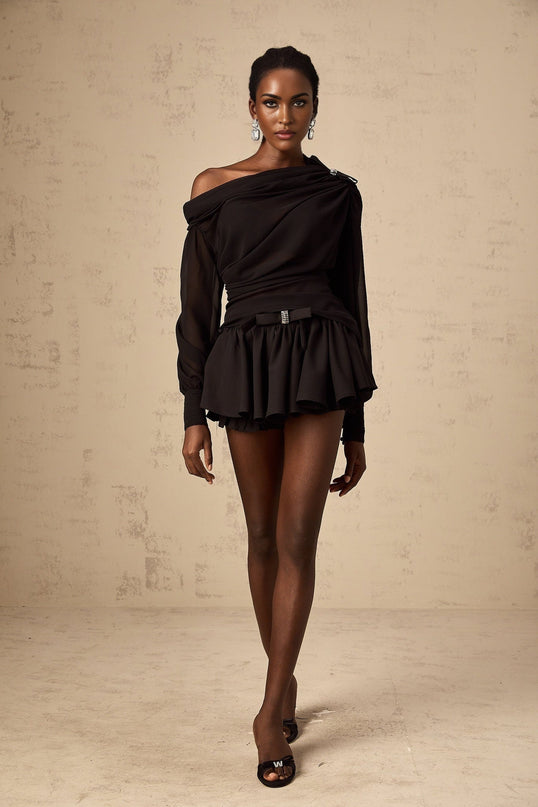 Pellegrina Black Crystal Bow Blouse Skirt Set