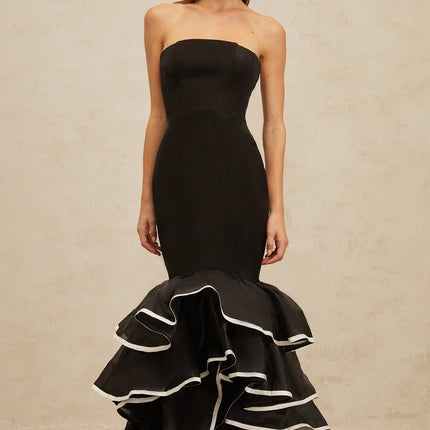 Pellegrina Black Maxi Dress Off Shoulder Fit and Flare Ruffle Mermaid Hem Sleeveless Layered Design