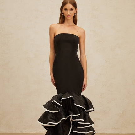 Pellegrina Black Maxi Dress with Off-the-Shoulder Silhouette and Ruffled Detailing