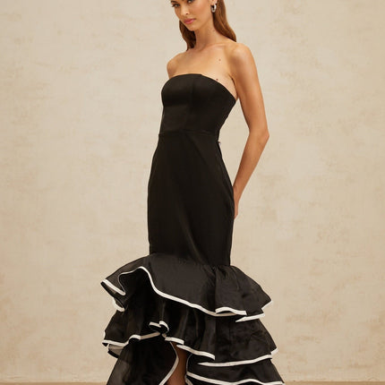 Pellegrina Black Maxi Dress Off the Shoulder Fit and Flare Ruffled Mermaid Hem Sleeveless Layered Design