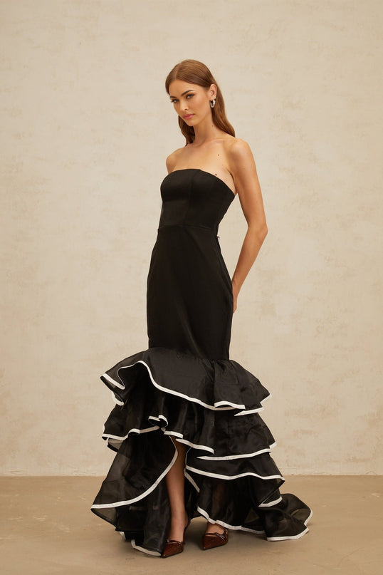 Pellegrina Black Maxi Dress Off the Shoulder Fit and Flare Ruffled Mermaid Hem Sleeveless Layered Design
