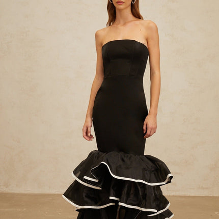 Pellegrina Black Maxi Dress Off Shoulder Fit Flare Ruffle Mermaid Hem Zip Fitted Layered Sleeveless Terylene Fiber Elegant Contemporary Design