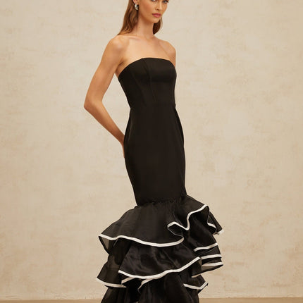 Pellegrina Black Off-The-Shoulder Fit-and-Flare Maxi Dress with Ruffled Detailing and Mermaid Hem