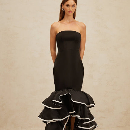 Pellegrina Black Maxi Dress Off-the-Shoulder Fit-and-Flare Ruffled Mermaid Hem Layered Sleeveless Terylene Fiber