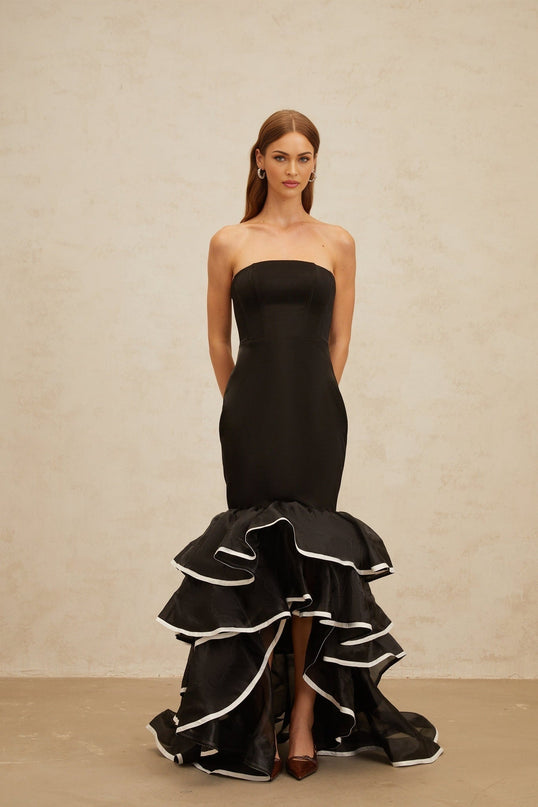 Pellegrina Black Maxi Dress Off-the-Shoulder Fit-and-Flare Ruffled Mermaid Hem Layered Sleeveless Terylene Fiber