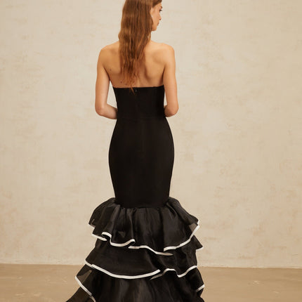 Pellegrina Black Maxi Dress Off-the-Shoulder Fit-and-Flare Ruffled Mermaid Hem Sleeveless Layered Design Terylene Fiber