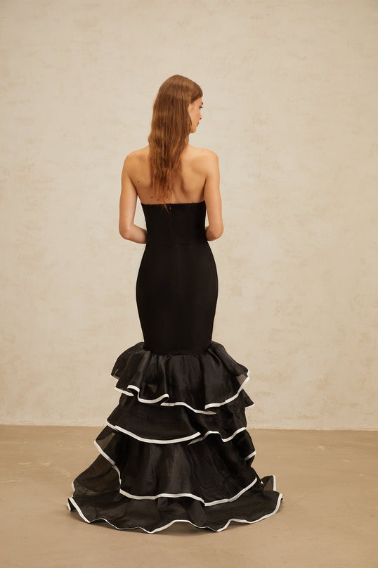 Pellegrina Black Maxi Dress Off-the-Shoulder Fit-and-Flare Ruffled Mermaid Hem Sleeveless Layered Design Terylene Fiber