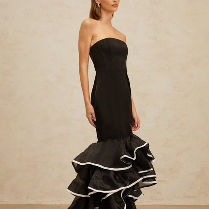 Pellegrina Black Maxi Dress with Off-the-Shoulder Silhouette and Ruffled Detailing