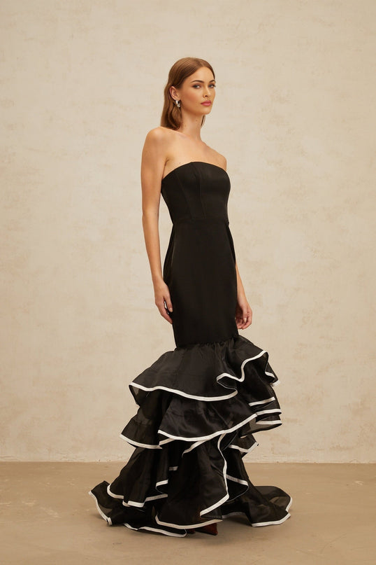 Pellegrina Black Maxi Dress with Off-the-Shoulder Silhouette and Ruffled Detailing