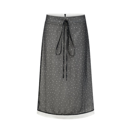 Penelope Black Tie-Waist Color-Blocked Polka Dot Tulle Midi Skirt