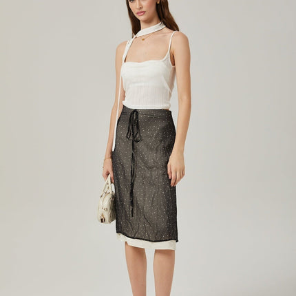 Penelope Black Tie-Waist Color-Blocked Polka Dot Tulle Midi Skirt